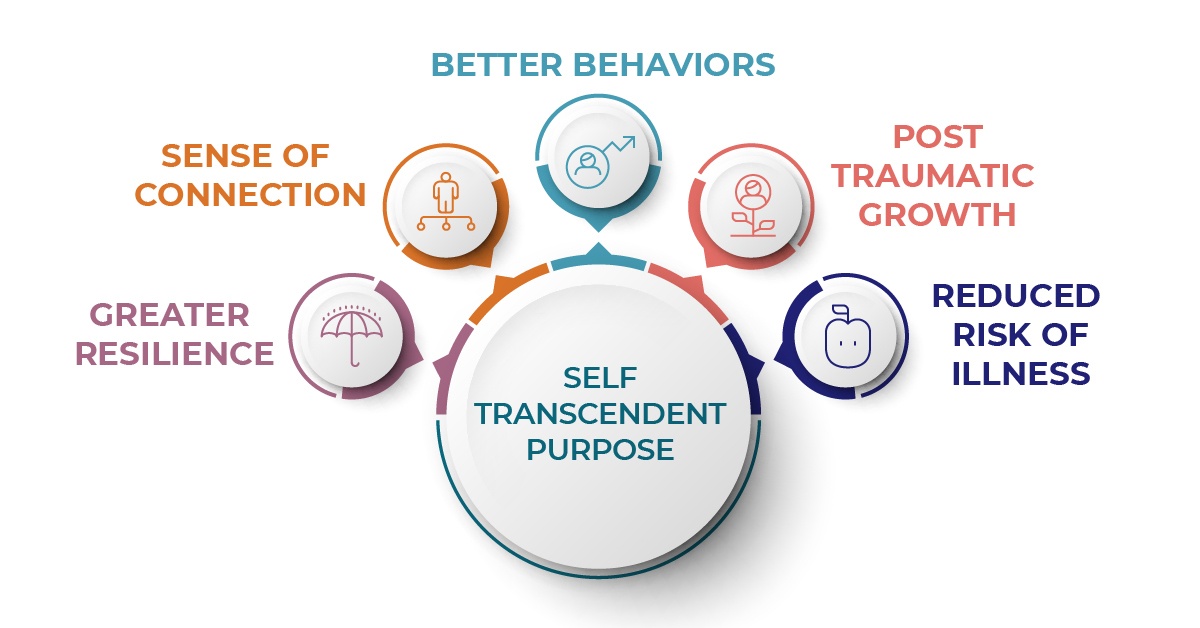 an infographic featuring the five benefits of having a transcendent purpose